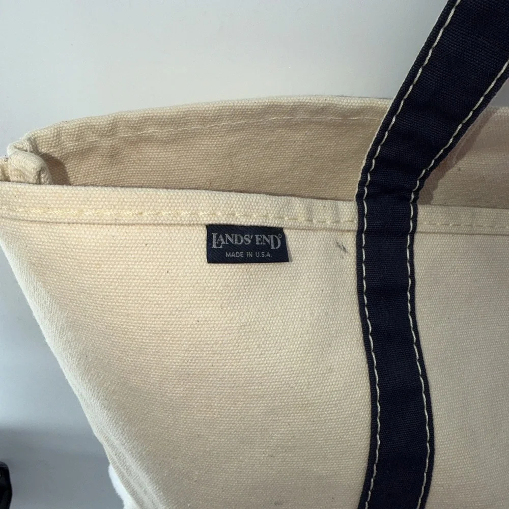 Lands End White Navy Canvas Boat Tote Bag Beach  XLarge  23x16 Made USA Vtg 90s